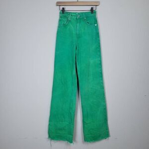 Zara Womens 2 Wide Leg 100% Cotton High Rise Denim Jeans Green Raw Hem Pockets